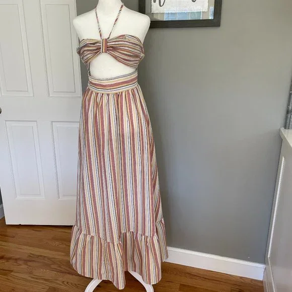 SHEIN VCAY Cutout Detail Striped Ruffle Hem Halter Dress Multicolor Size XS - Picture 2 of 12